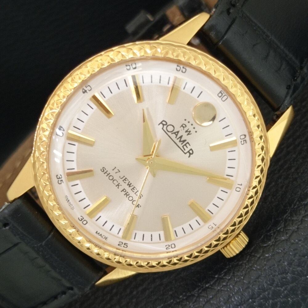 Vintage 1980 Roamer Manual Mens Gold Watch W/Leather Strap & Silver accents